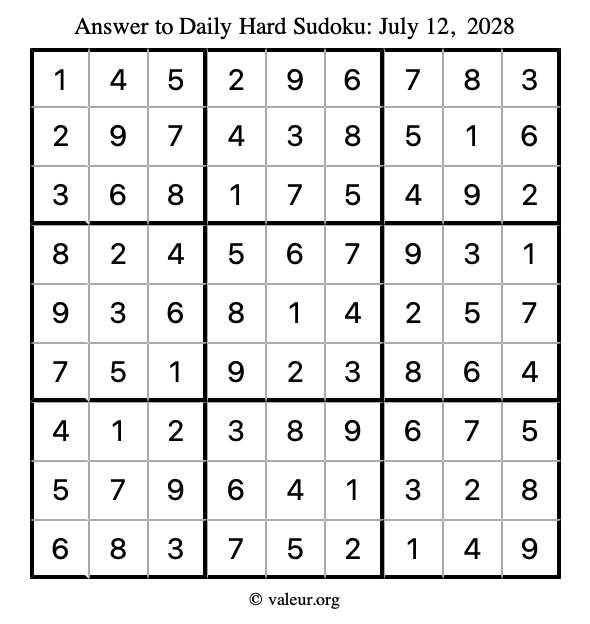 Answer to hard sudoku July 12, 2028
