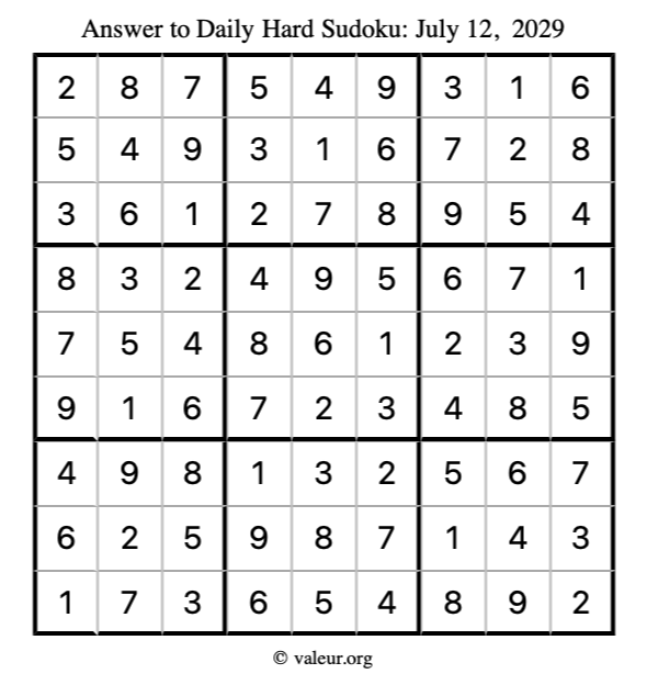 Answer to hard sudoku July 12, 2029