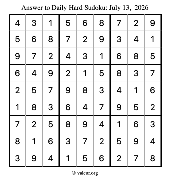 Answer to hard sudoku July 13, 2026