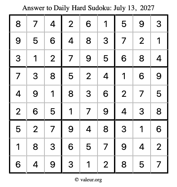 Answer to hard sudoku July 13, 2027