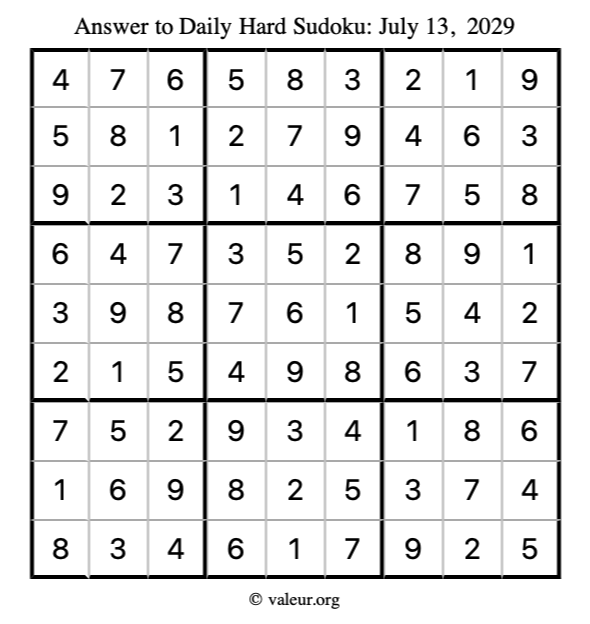 Answer to hard sudoku July 13, 2029