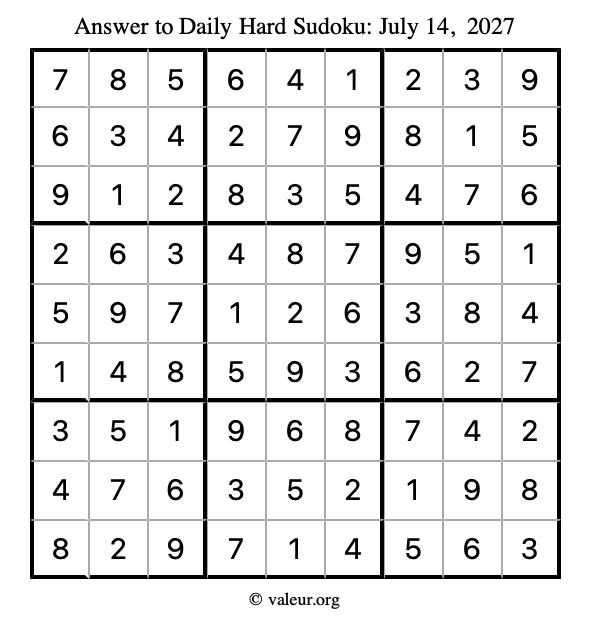 Answer to hard sudoku July 14, 2027