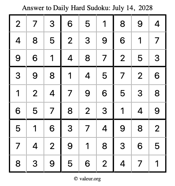 Answer to hard sudoku July 14, 2028