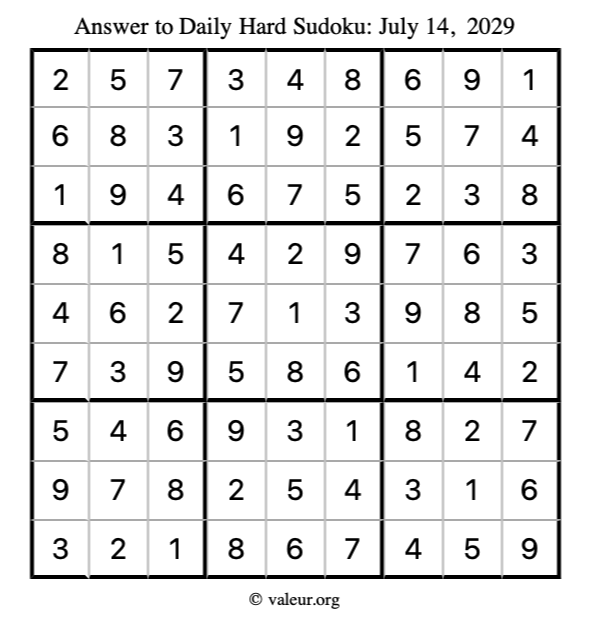 Answer to hard sudoku July 14, 2029