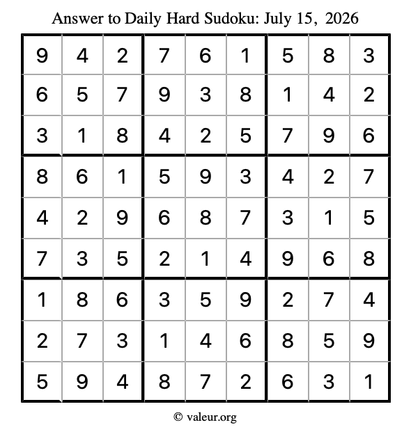 Answer to hard sudoku July 15, 2026