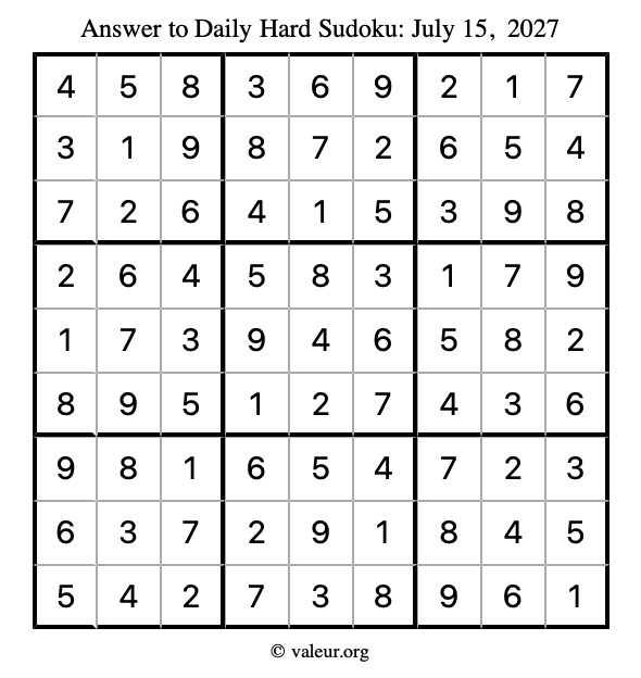 Answer to hard sudoku July 15, 2027