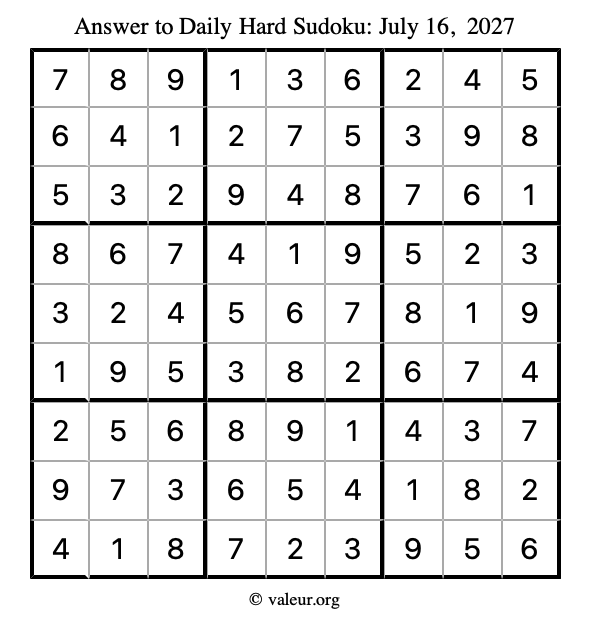 Answer to hard sudoku July 16, 2027