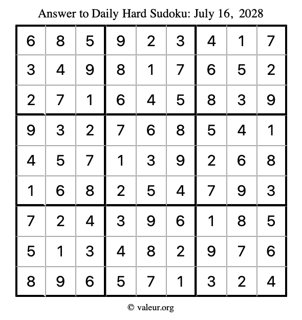 Answer to hard sudoku July 16, 2028