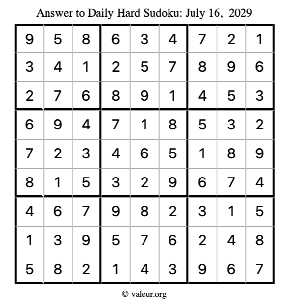 Answer to hard sudoku July 16, 2029