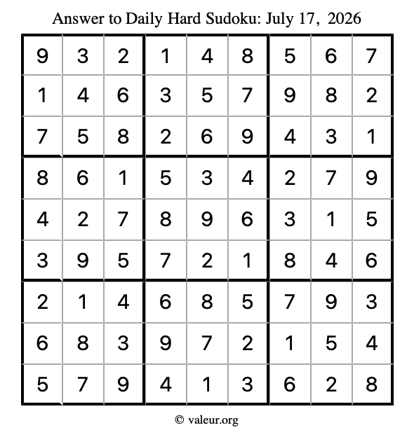Answer to hard sudoku July 17, 2026