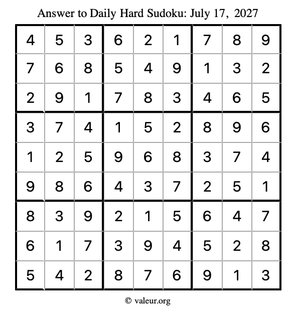 Answer to hard sudoku July 17, 2027