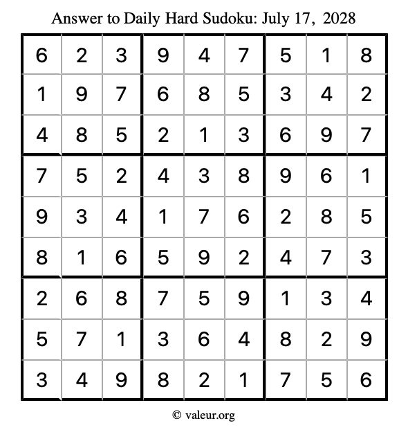Answer to hard sudoku July 17, 2028