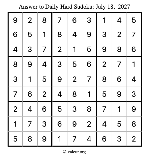 Answer to hard sudoku July 18, 2027