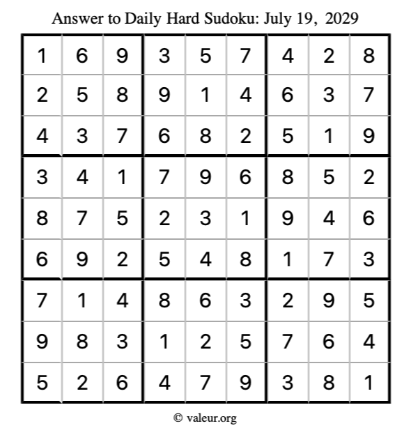 Answer to hard sudoku July 19, 2029