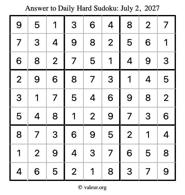 Answer to hard sudoku July 2, 2027