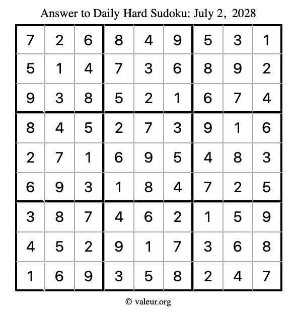 Answer to hard sudoku July 2, 2028