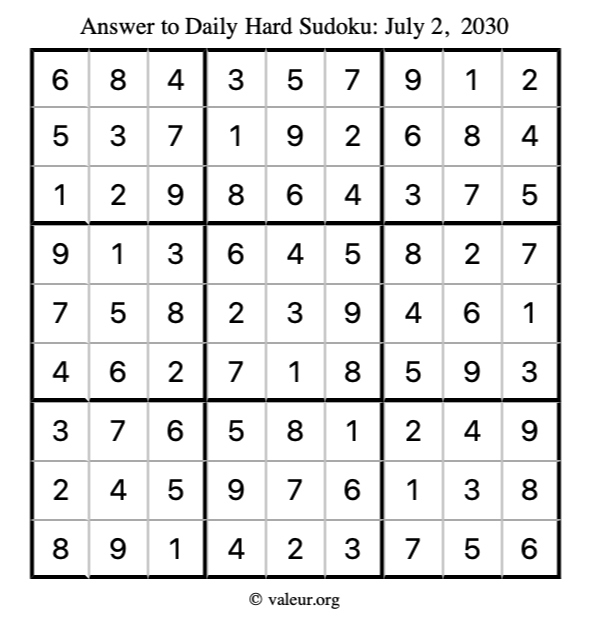 Answer to hard sudoku July 2, 2030