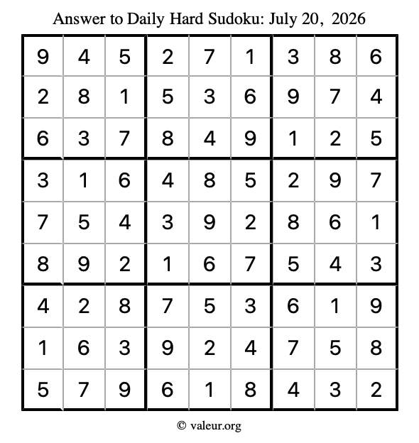 Answer to hard sudoku July 20, 2026