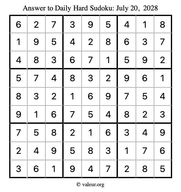 Answer to hard sudoku July 20, 2028