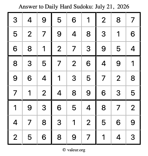 Answer to hard sudoku July 21, 2026