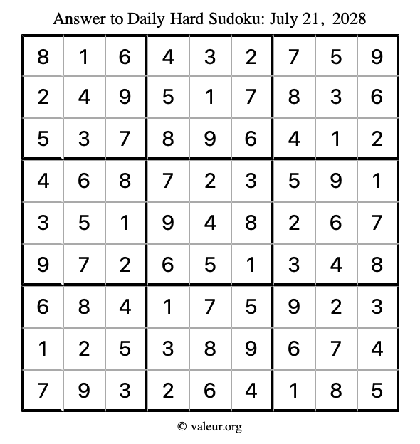 Answer to hard sudoku July 21, 2028