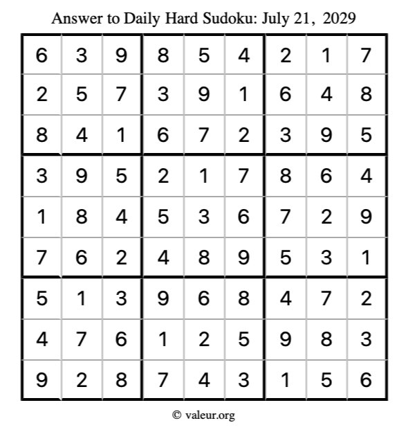 Answer to hard sudoku July 21, 2029