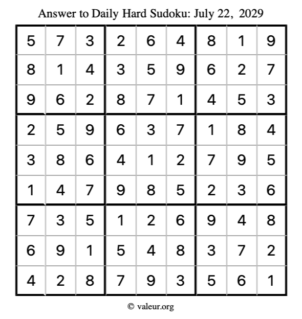 Answer to hard sudoku July 22, 2029