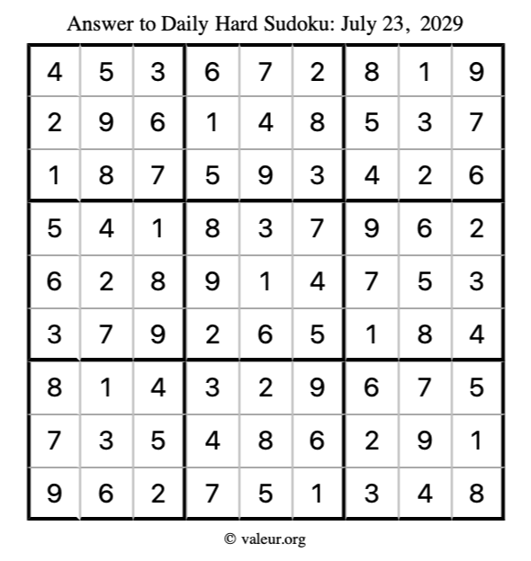 Answer to hard sudoku July 23, 2029