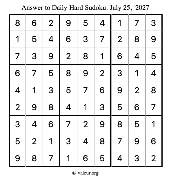 Answer to hard sudoku July 25, 2027