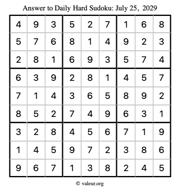 Answer to hard sudoku July 25, 2029