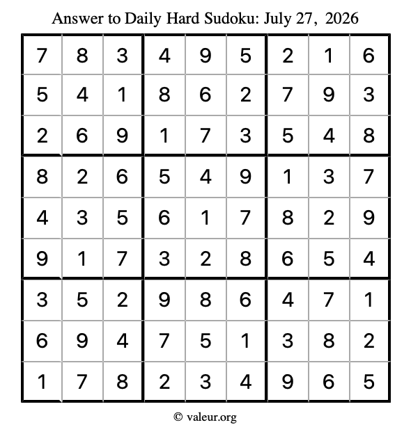 Answer to hard sudoku July 27, 2026