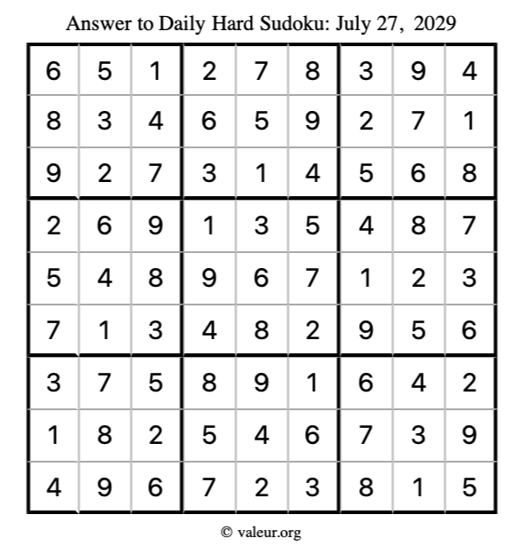 Answer to hard sudoku July 27, 2029