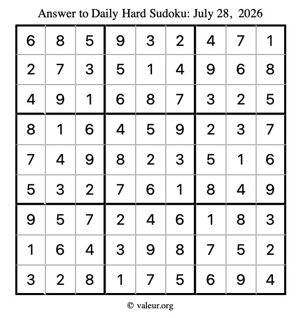 Answer to hard sudoku July 28, 2026