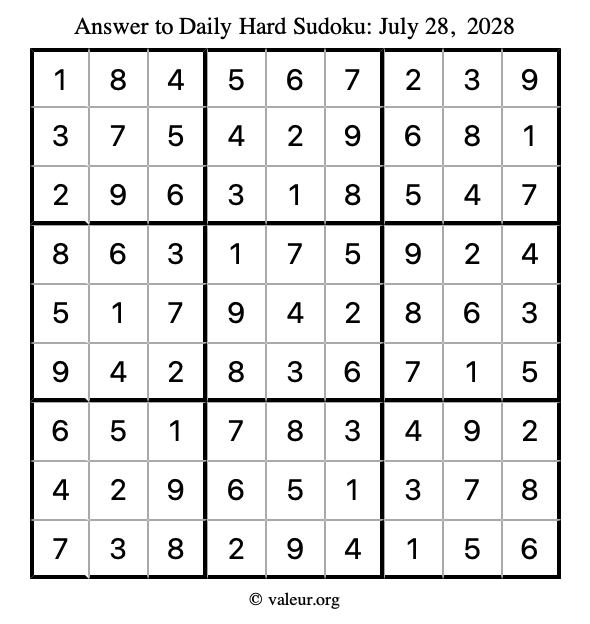 Answer to hard sudoku July 28, 2028