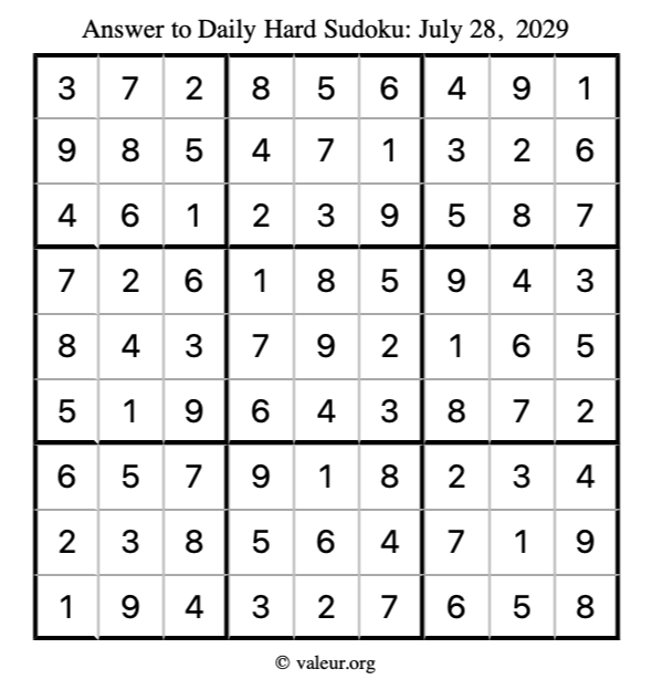 Answer to hard sudoku July 28, 2029