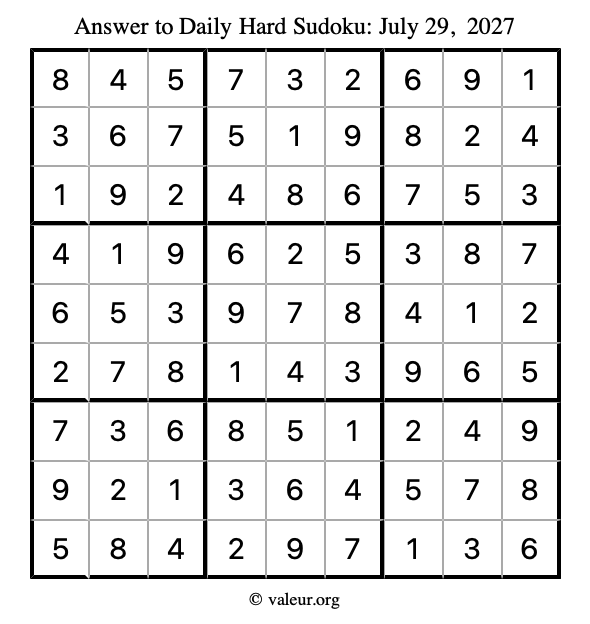 Answer to hard sudoku July 29, 2027