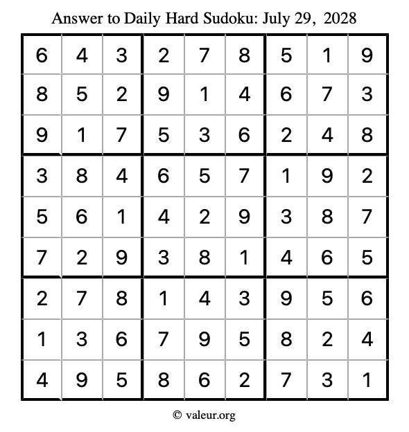 Answer to hard sudoku July 29, 2028
