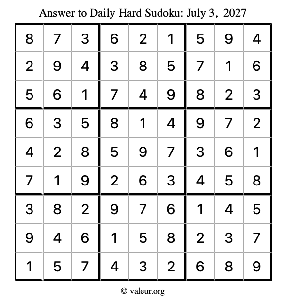 Answer to hard sudoku July 3, 2027