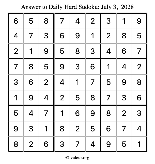 Answer to hard sudoku July 3, 2028