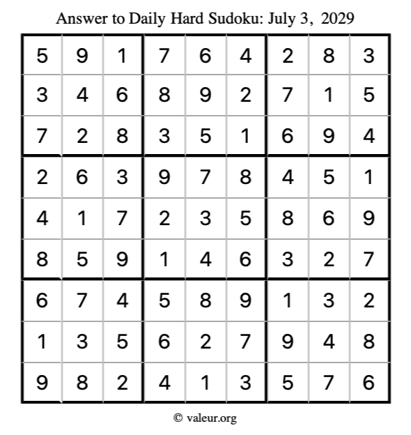 Answer to hard sudoku July 3, 2029