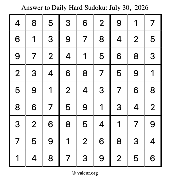 Answer to hard sudoku July 30, 2026