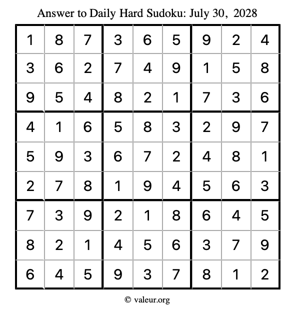 Answer to hard sudoku July 30, 2028
