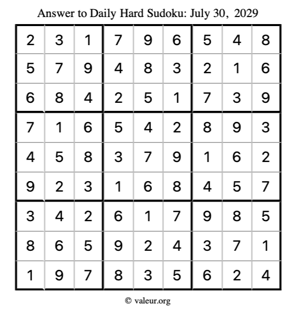 Answer to hard sudoku July 30, 2029