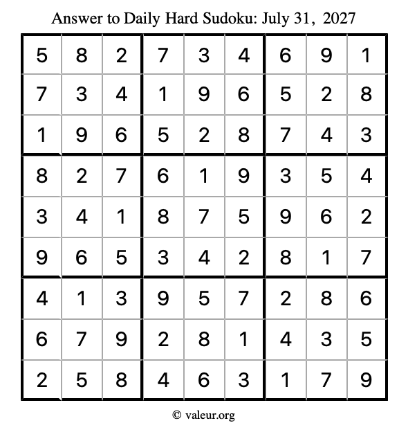 Answer to hard sudoku July 31, 2027