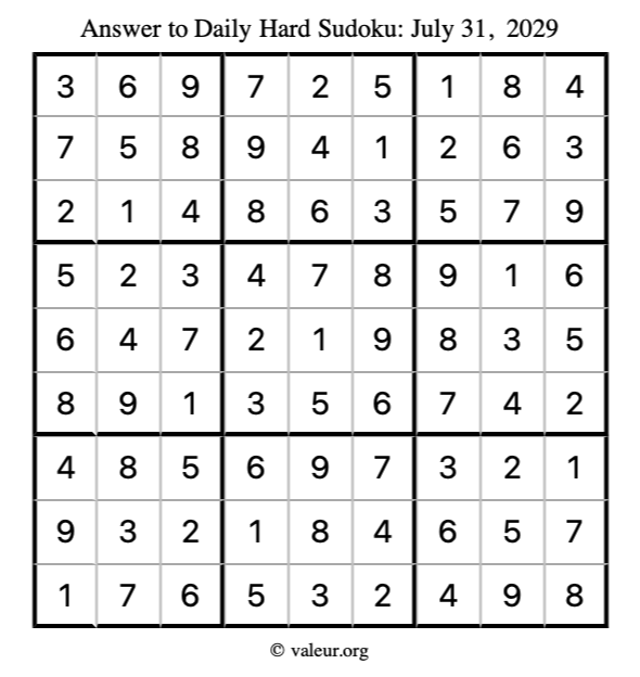 Answer to hard sudoku July 31, 2029