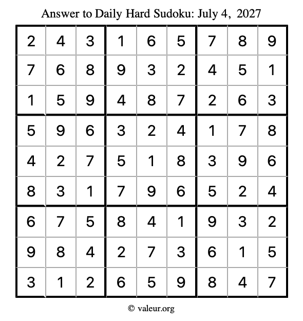 Answer to hard sudoku July 4, 2027