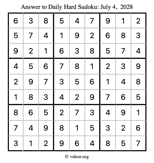 Answer to hard sudoku July 4, 2028