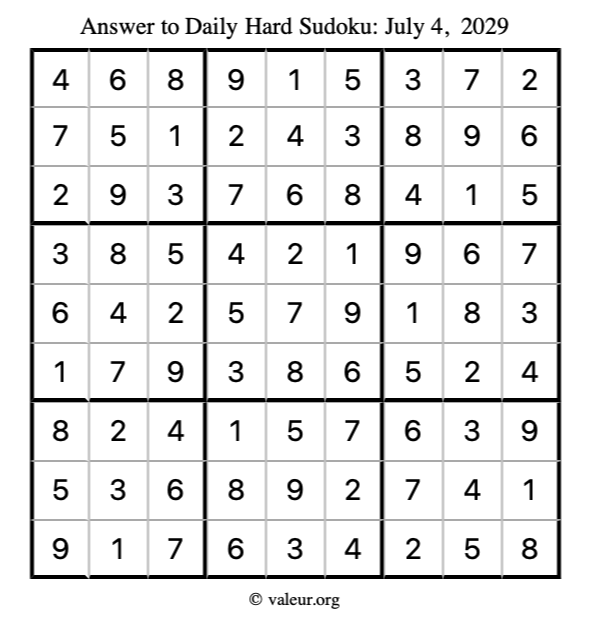 Answer to hard sudoku July 4, 2029