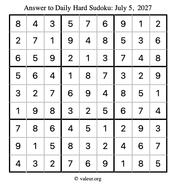 Answer to hard sudoku July 5, 2027