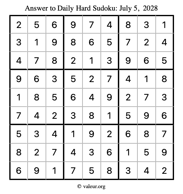 Answer to hard sudoku July 5, 2028